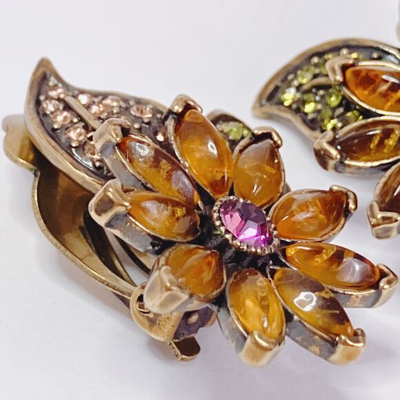 Signed Heidi Daus Pink Swarovski Crystal & Faux Amber Floral Clip On Earrings - Picture 7 of 12